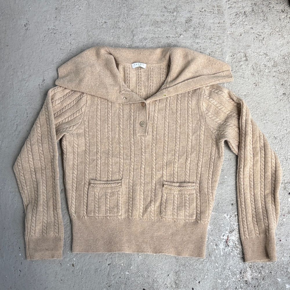 Sandro Paris beige cable knit oversized collar sweater